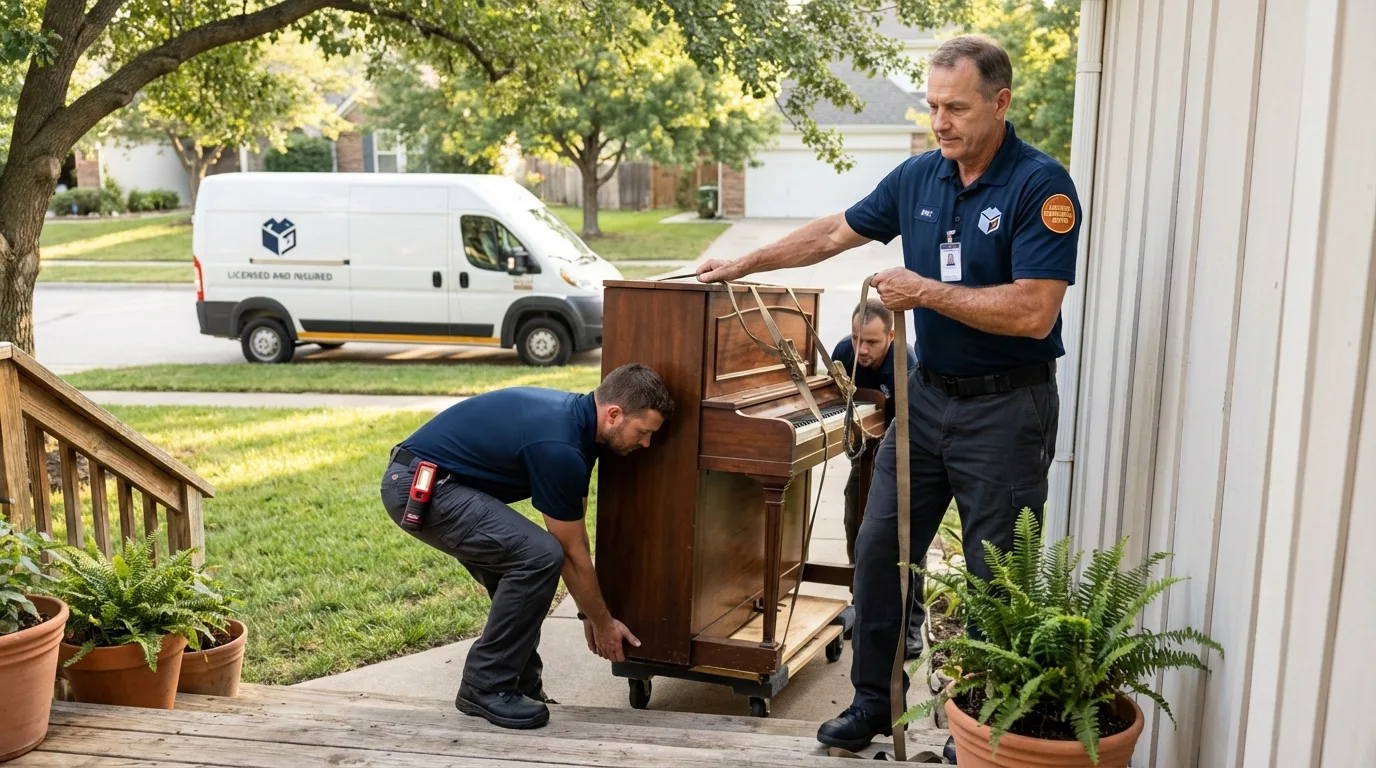 Licensed piano movers securing grand piano in Holly Springs, MS
