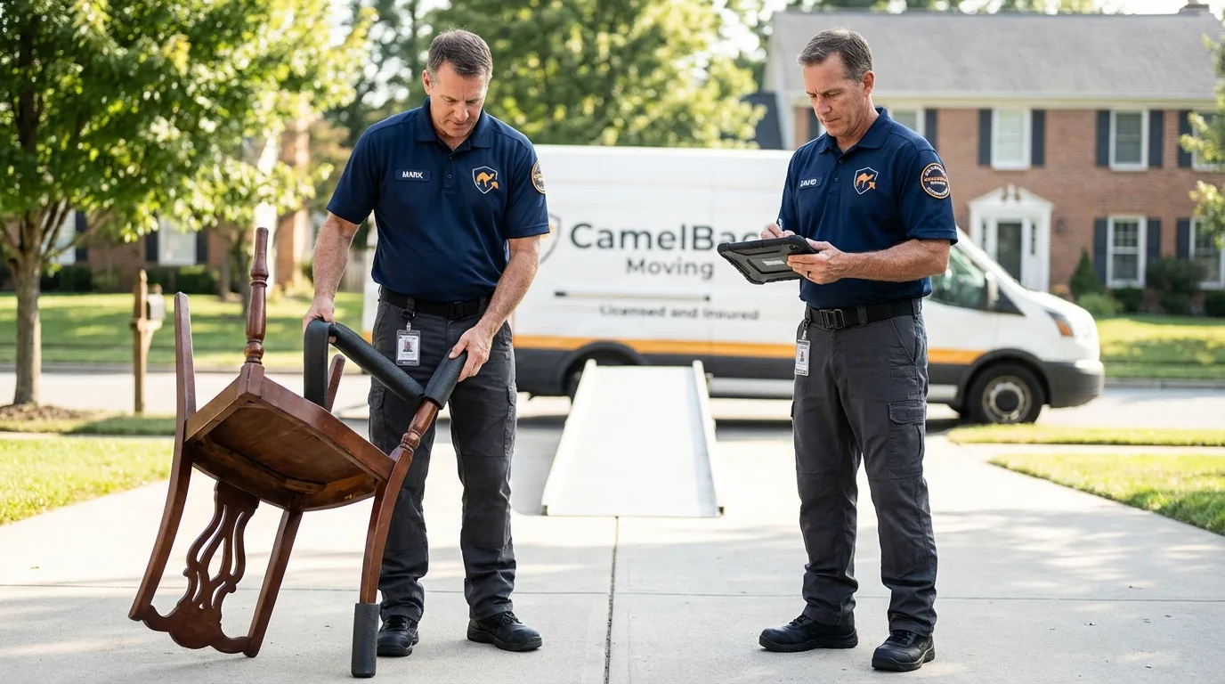 Movers inspecting furniture for damage prevention before loading in Holly Springs, MS