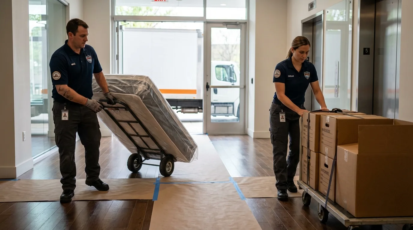 Professional apartment movers loading elevator in Holly Springs, MS