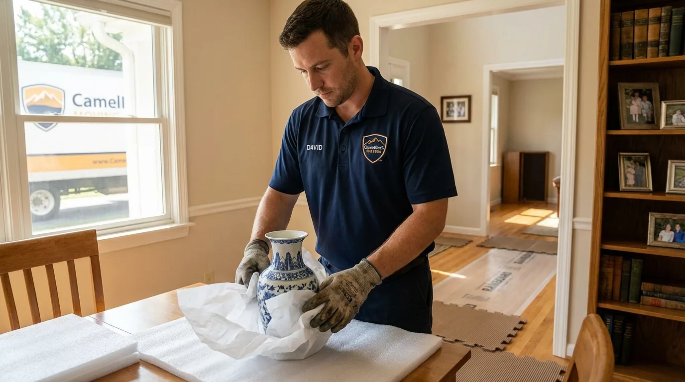 Professional crew carefully wrapping antique vase for senior downsizing move in Holly Springs, MS